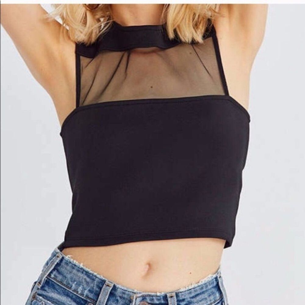 Silence + Noise Mesh Jersey Crop Top Womens Large Black Sleeveless Party Club